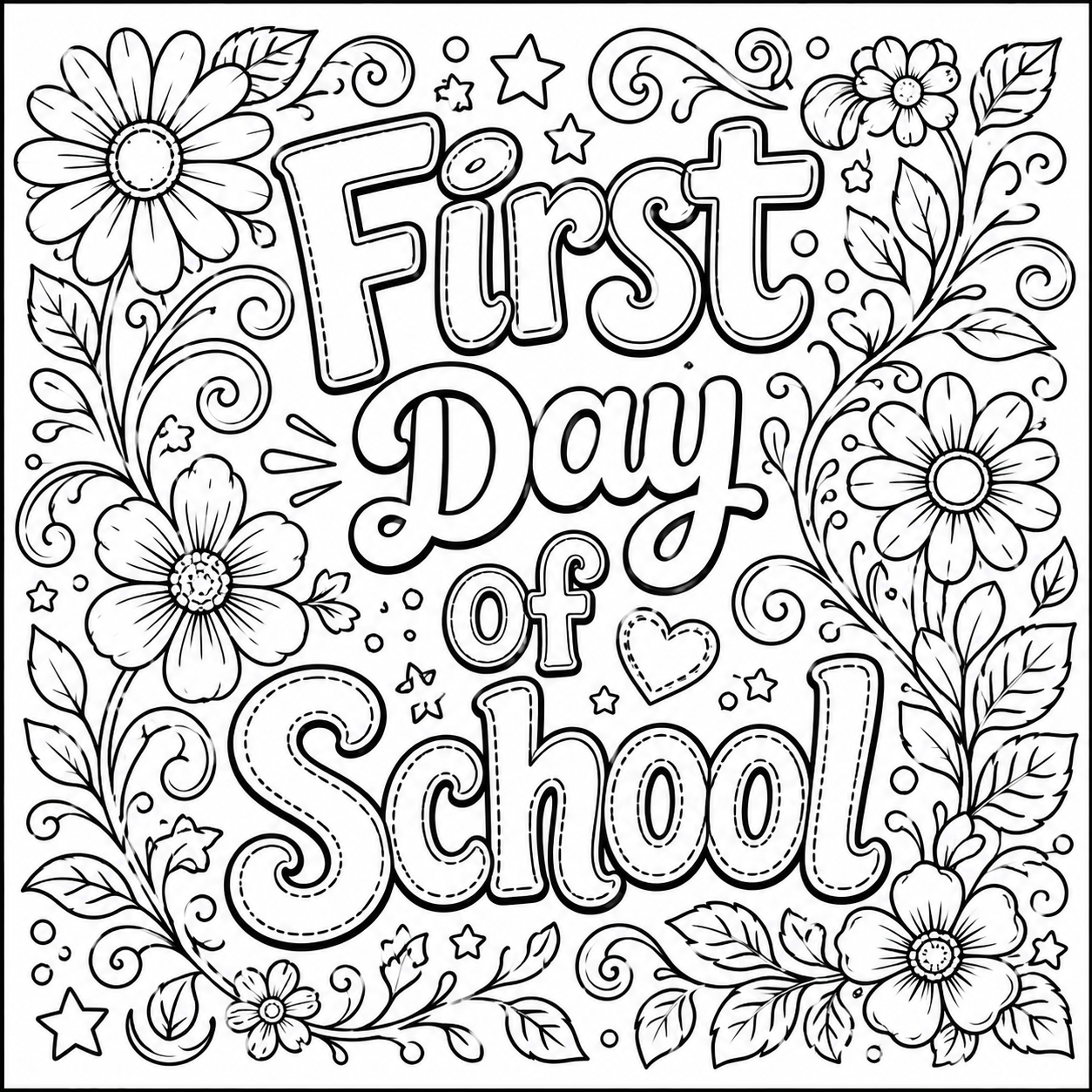 First Day of School Sign with Flowers and Stars coloring page with artistic hand lettering